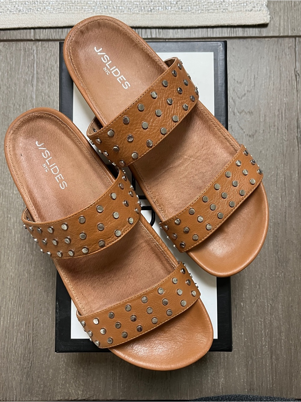 J/SLIDES Brown Studded Double-Strap Slide Sandals